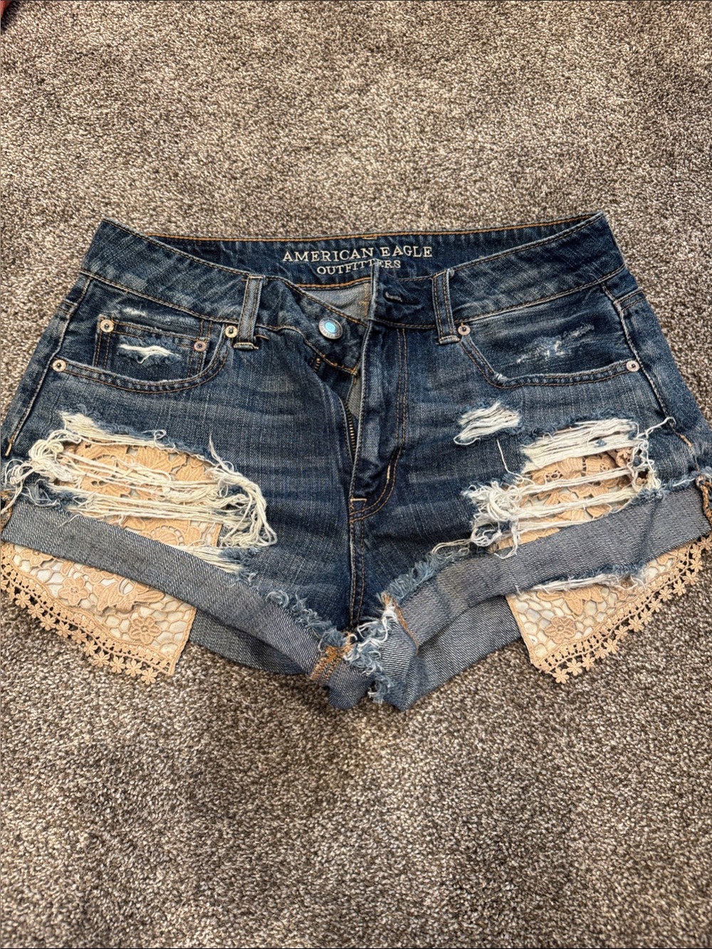 American Eagle Outfitters Dark Blue Distressed Denim Shorts with Beige Lace